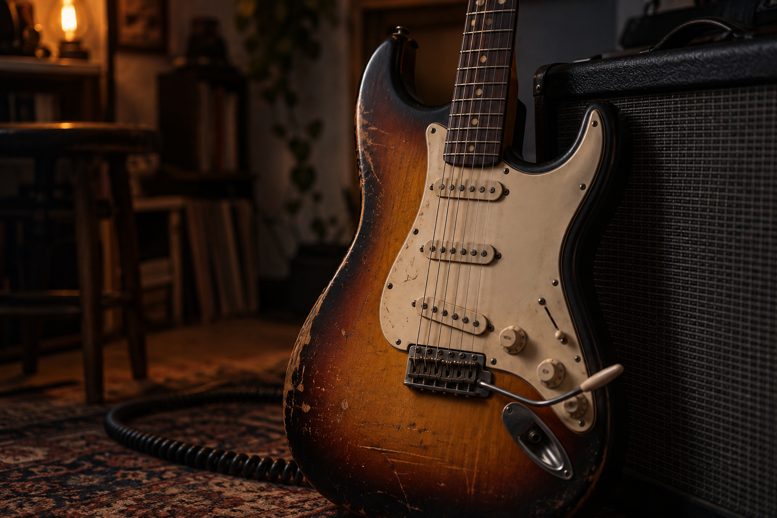 A worn sunburst electric guitar beside a compact amplifier in a softly lit home music room