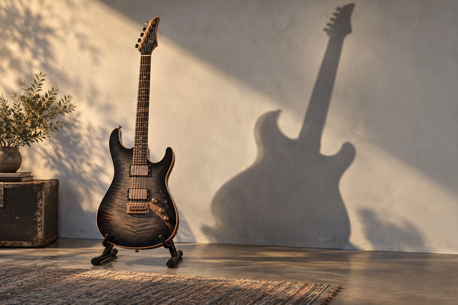 An unbranded electric guitar and its larger shadow in warm light