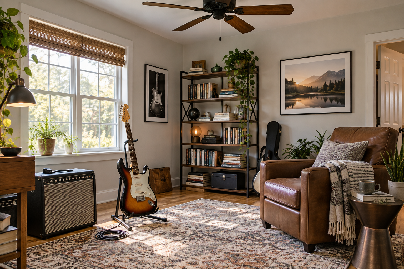 A practical home guitar room with a compact amplifier and ceiling fan
